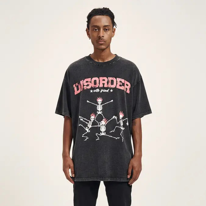 Urbansuitup Men's Vintage Washed Bone Print Oversized Tee - Casual Cotton Streetwear Shirt - urbansuitup
